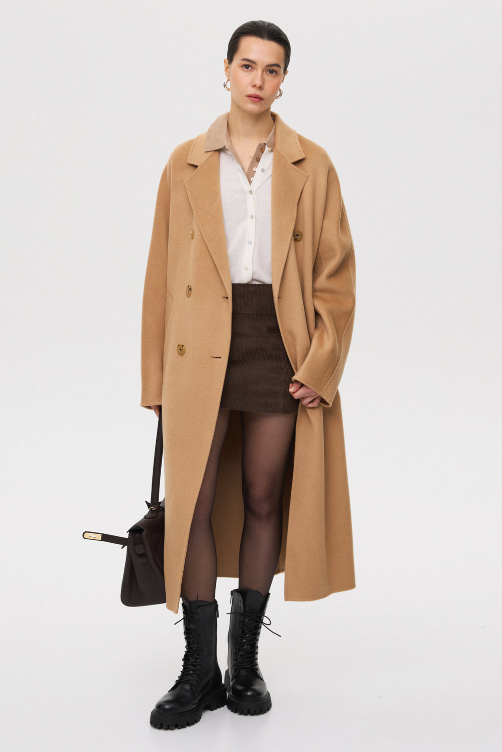Women's Classic Caramel Belted Coat made of Wool and Cashmere Estro ER00117013