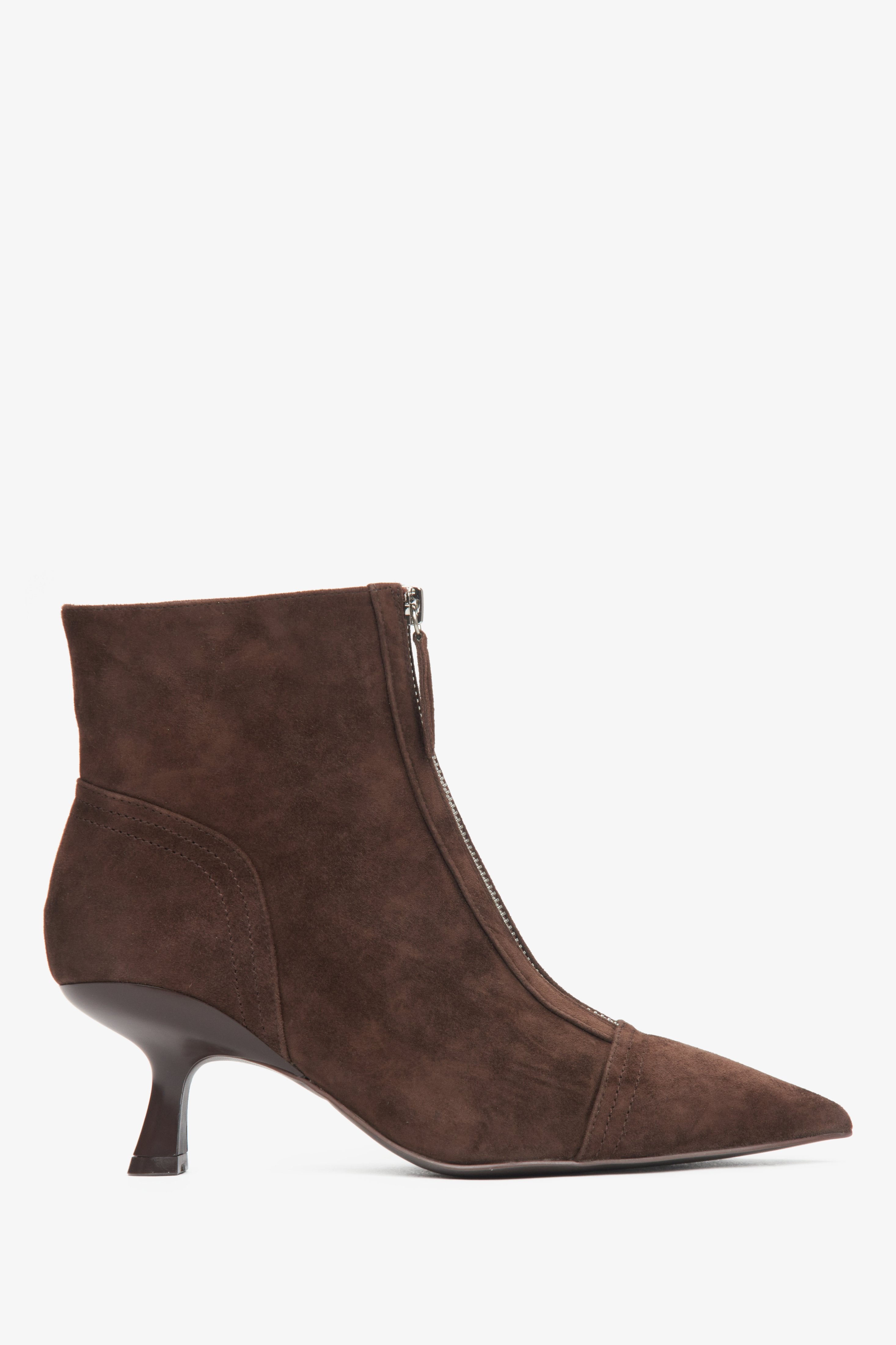 Women's Dark Brown Velour Ankle Boots with a Low Stiletto Heel