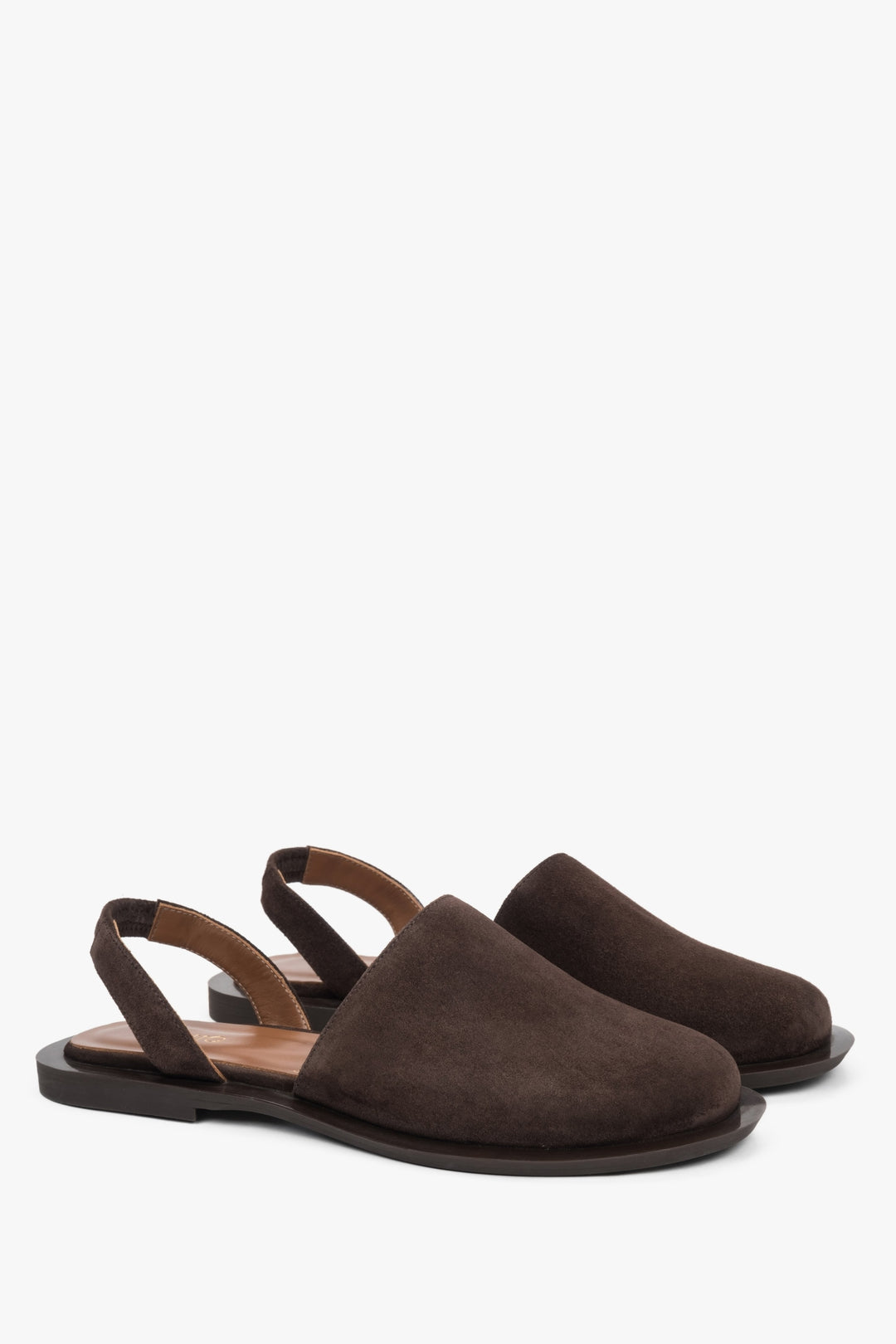 Dark brown women's sandals by Estro, made of soft velour and featuring a covered toe line.