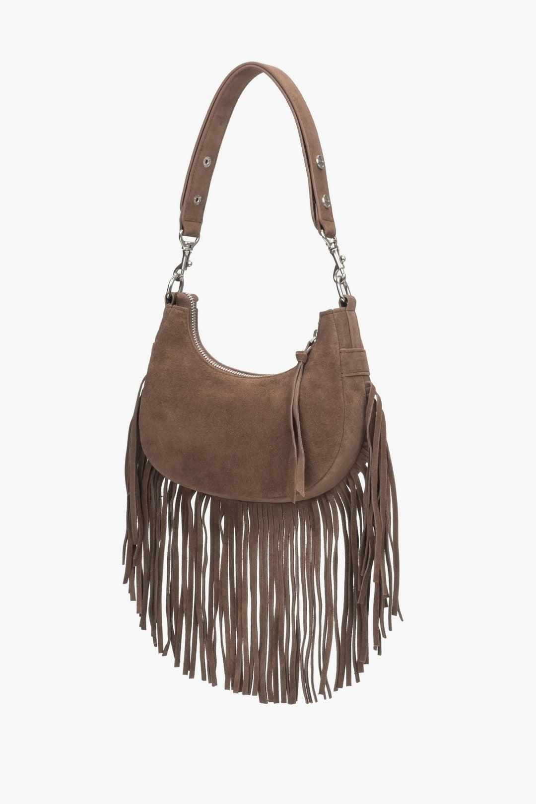 Handbag made of genuine velour in dark brown with fringes.