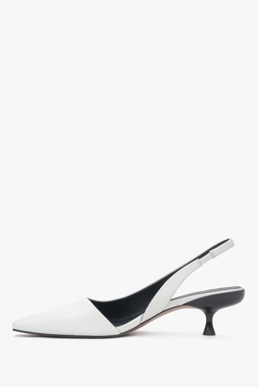 White leather women's slingback pumps by Estro with an open heel and low heel – side profile of the shoe.