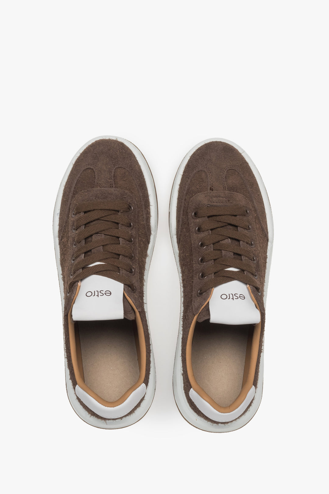 Brown genuine velour women's sneakers - top view.