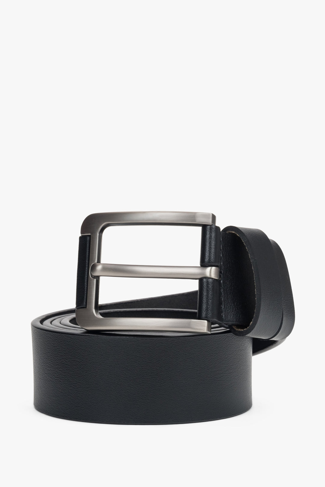 Stylish black men's belt by estro, crafted from high-quality genuine leather, featuring silver hardware that adds a modern touch