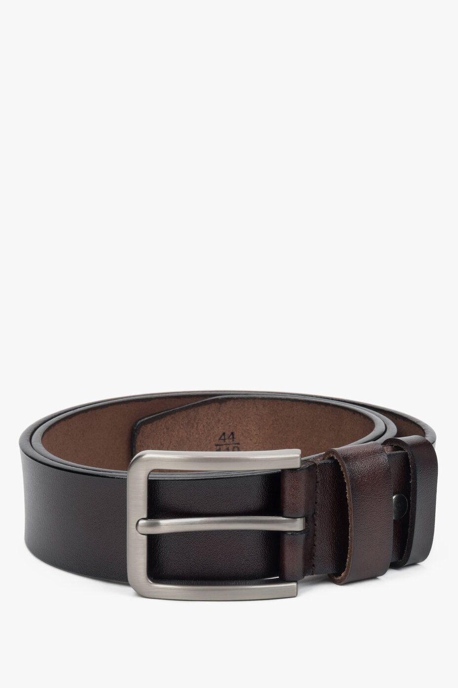 Stylish dark brown men's belt by estro, crafted from high-quality genuine leather and featuring a classic silver buckle.