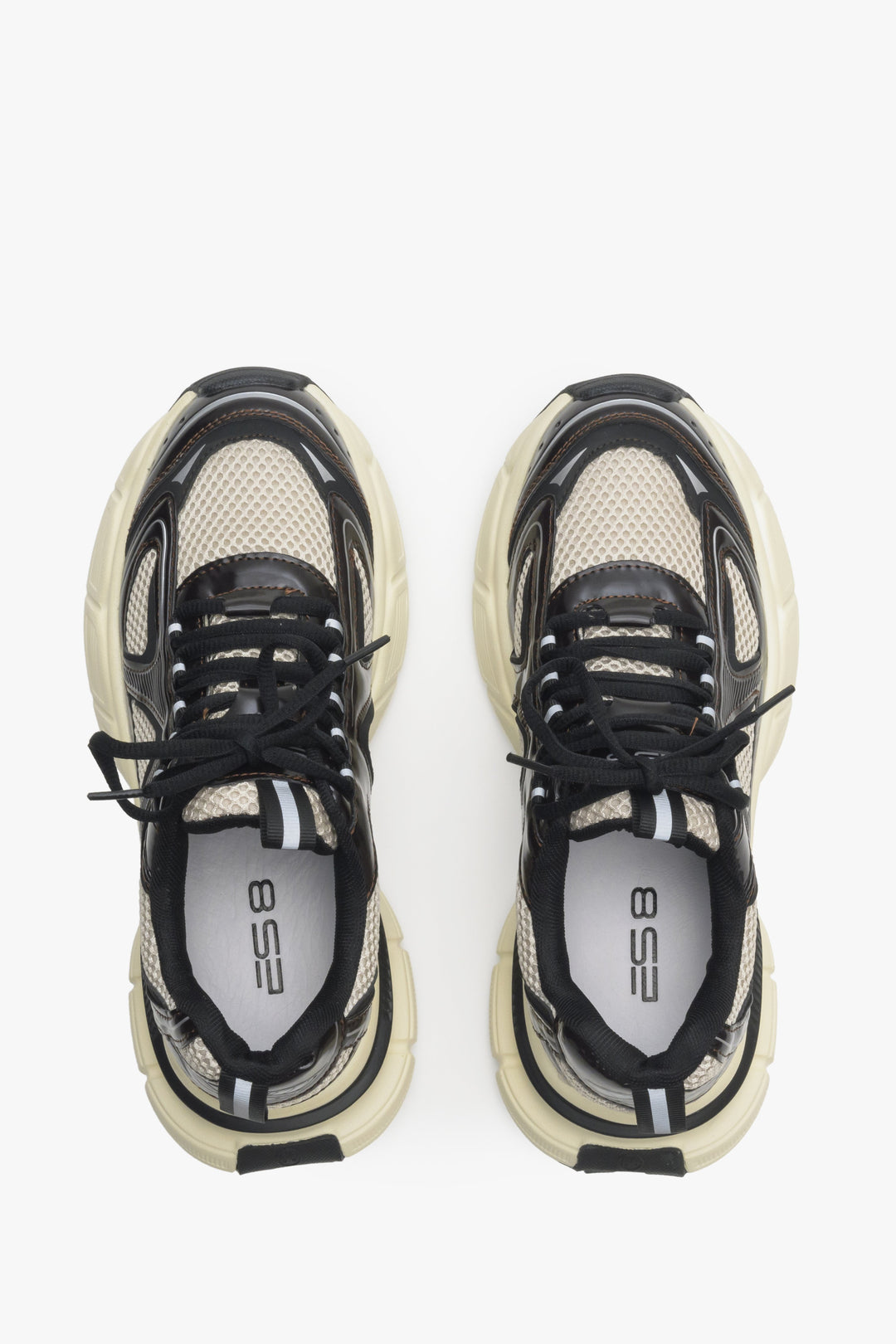 Comfortable black and beige ES 8 women's sneakers - top view model presentation.