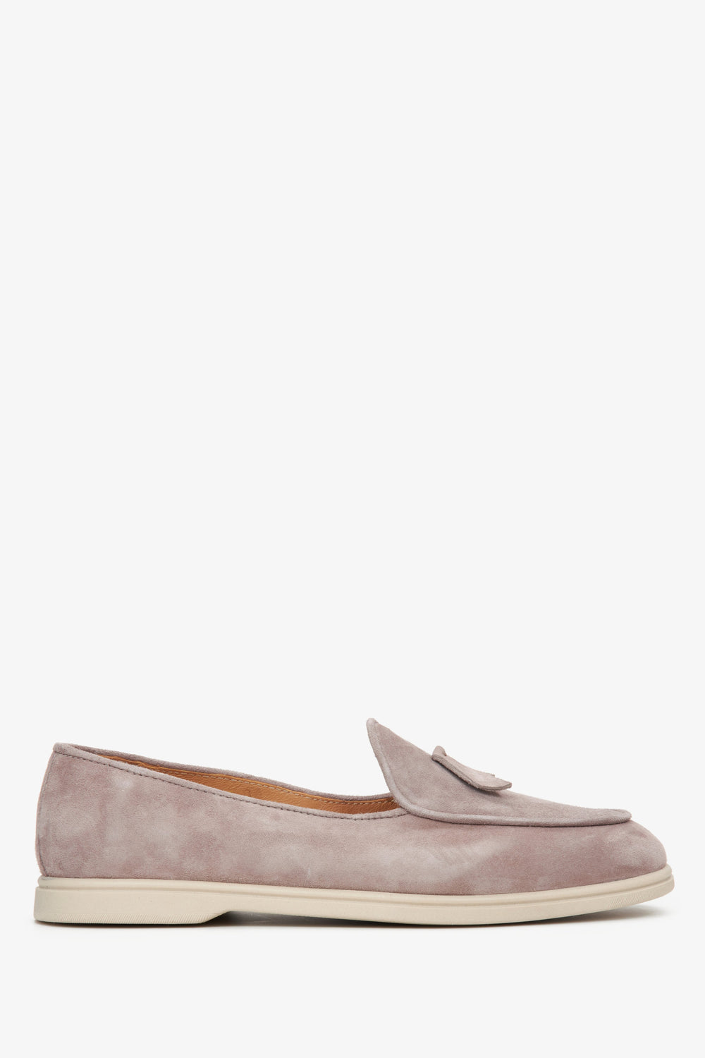 Women's Beige Loafers made of Italian Genuine Velour with Fringes Estro ER00114894.