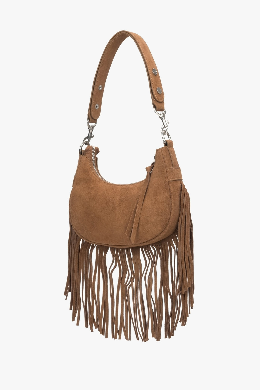 Handbag made of genuine velour in brown with fringes.