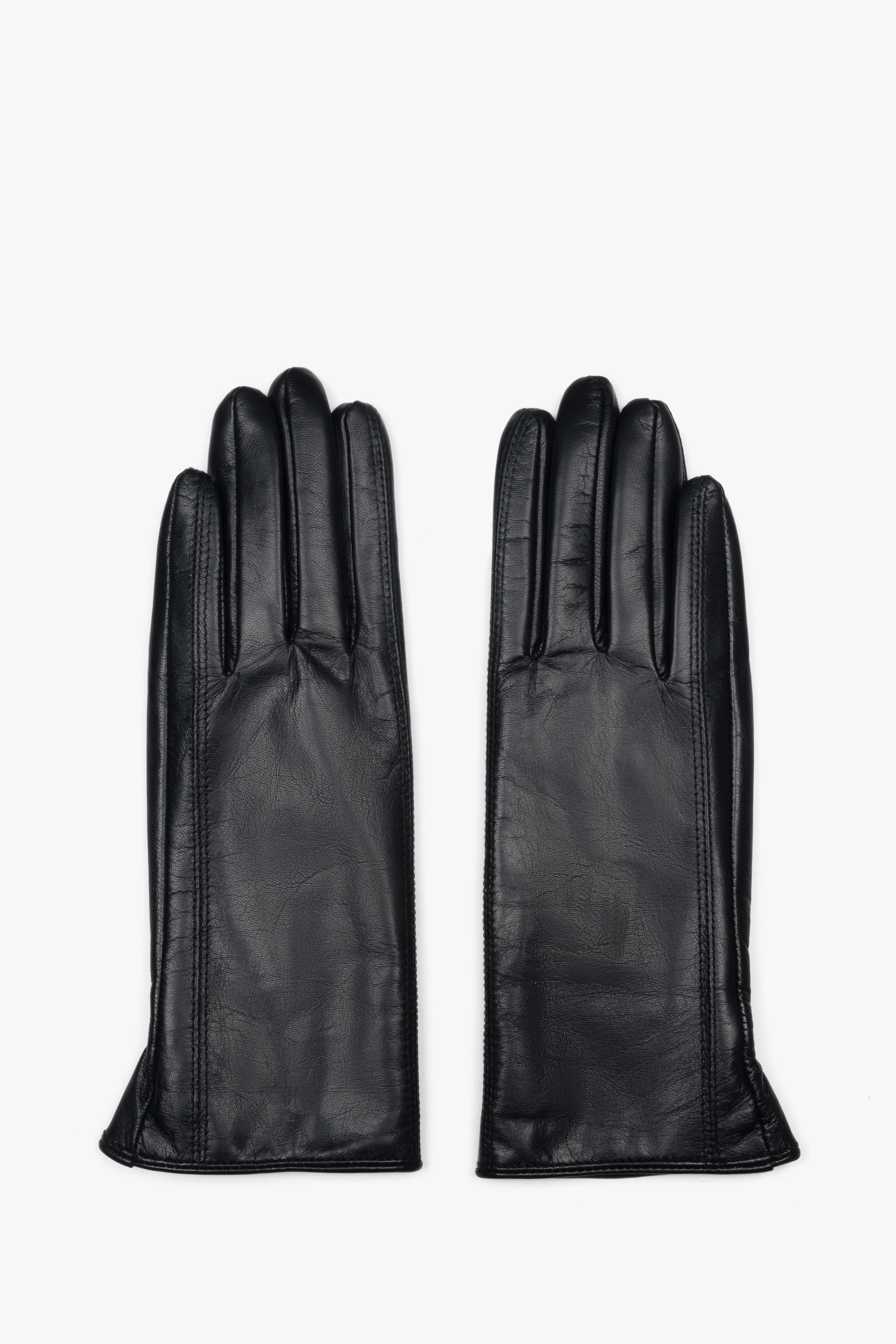 A pair of classic black women's gloves crafted from genuine leather and lined with wool.
