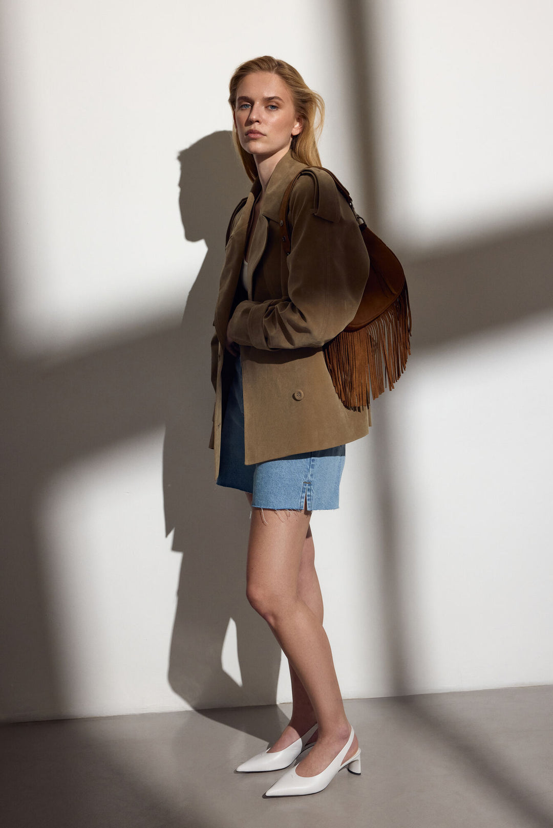 Women's Dark Brown Shoulder Bag made of Genuine Velour with Fringes Estro ER00116828