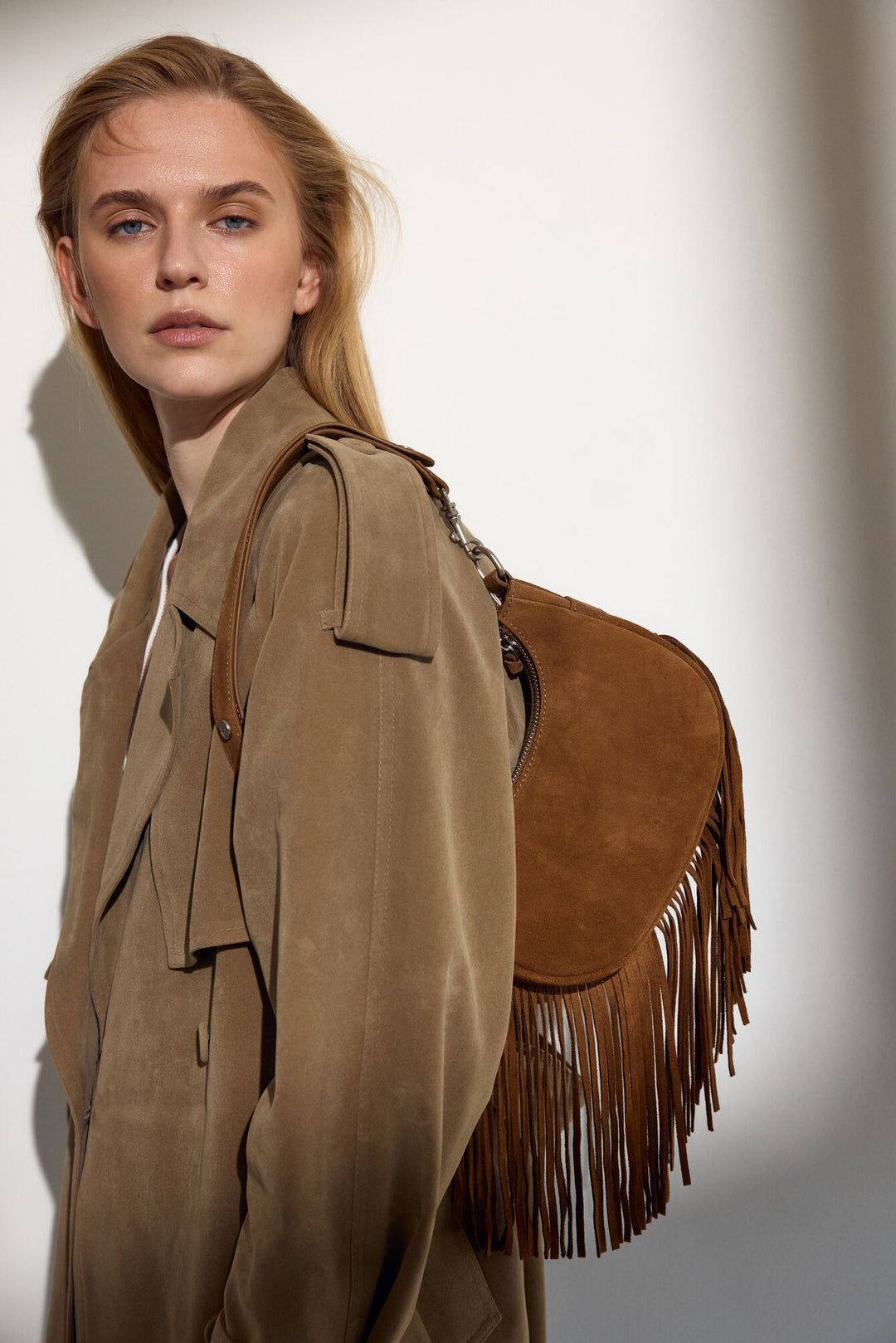 Women's Dark Brown Shoulder Bag made of Genuine Velour with Fringes Estro ER00116828