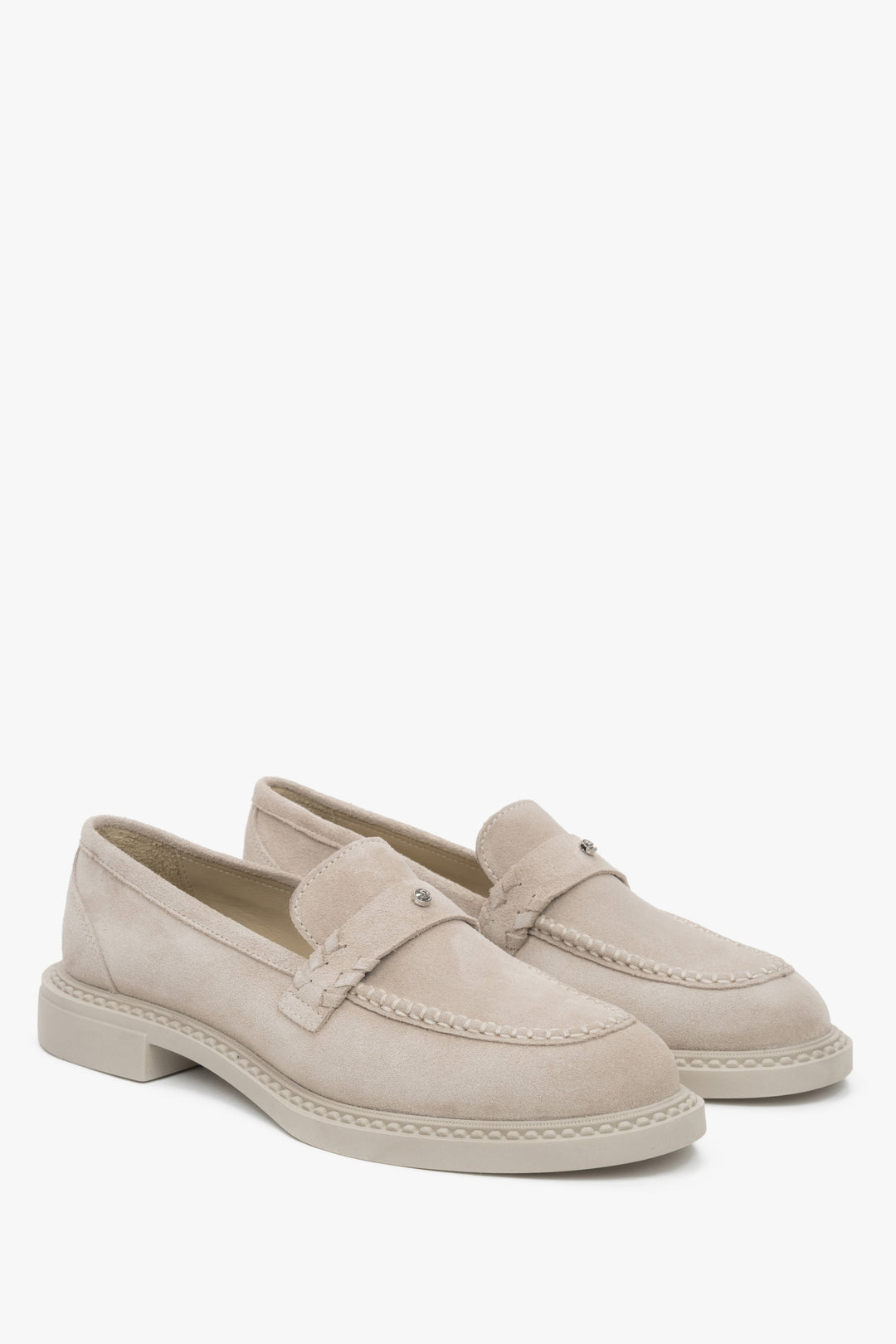 Elegant light beige women's Penny loafers by Estro, made of premium Italian genuine velour.