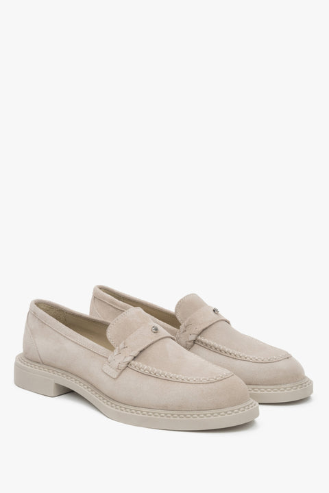 Elegant light beige women's Penny loafers by Estro, made of premium Italian genuine velour.