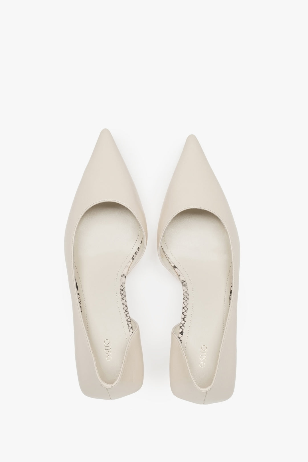 Timeless beige Estro women's high heels made of genuine leather - top view presentation.