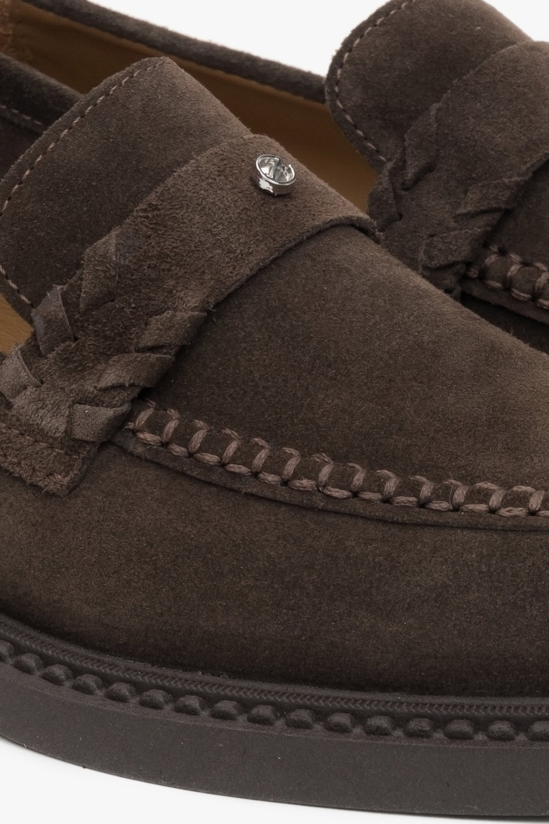 Velour brown loafers Estro - close-up detail.