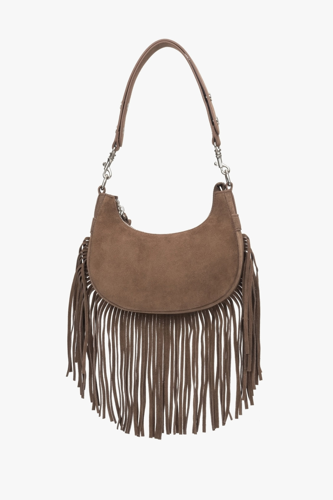 Dark brown velour women's shoulder bag with fringes.