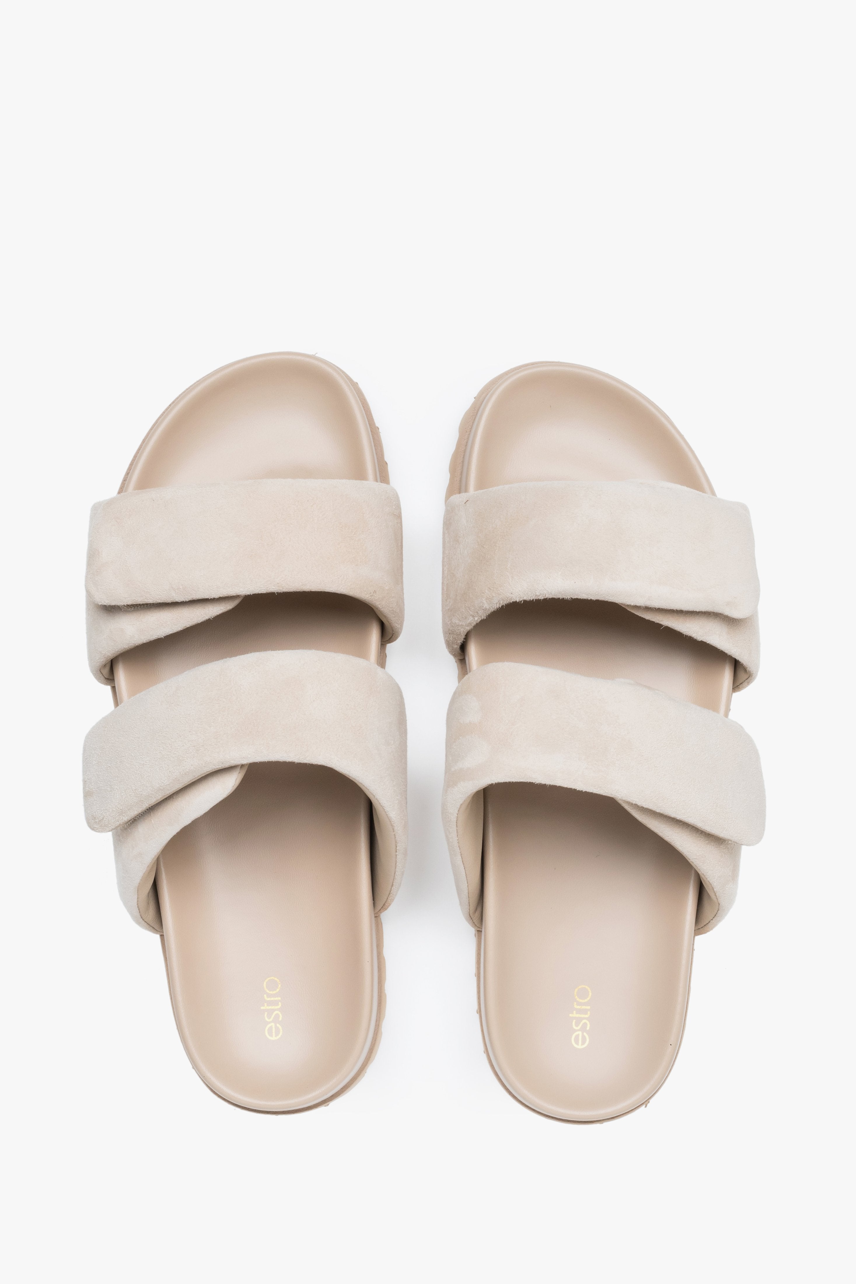 Stylish ligth beige women's slides by Estro, made from high-quality genuine velour and featuring soft, delicate straps.