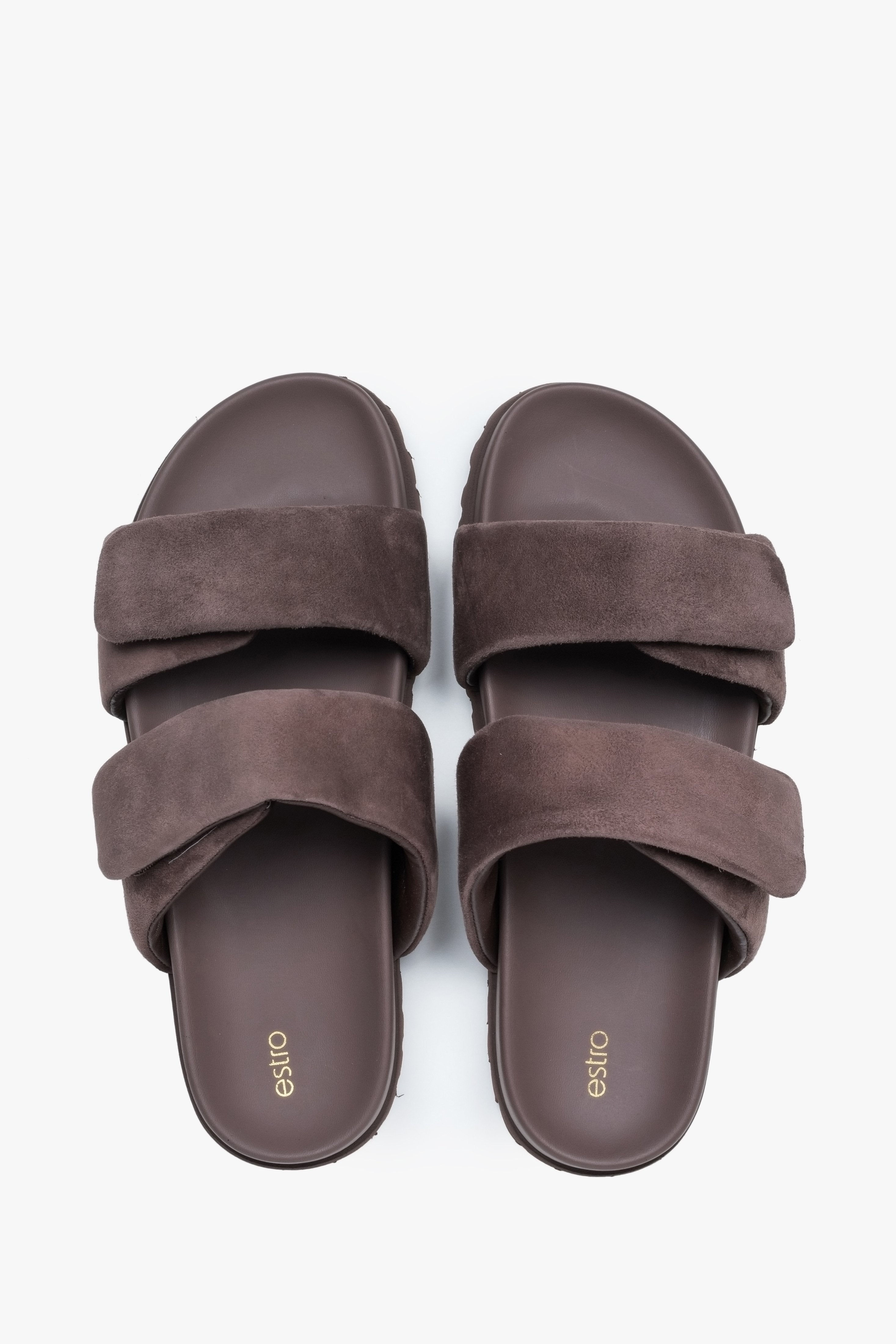 Stylish dark brown women's slides by Estro, made from high-quality genuine velour and featuring soft, delicate straps.