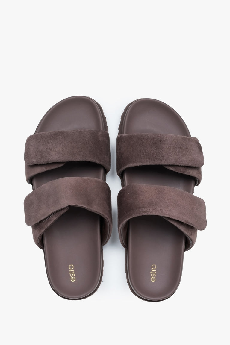 Stylish dark brown women's slides by Estro, made from high-quality genuine velour and featuring soft, delicate straps.