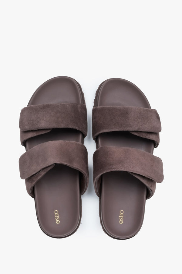 Stylish dark brown women's slides by Estro, made from high-quality genuine velour and featuring soft, delicate straps.
