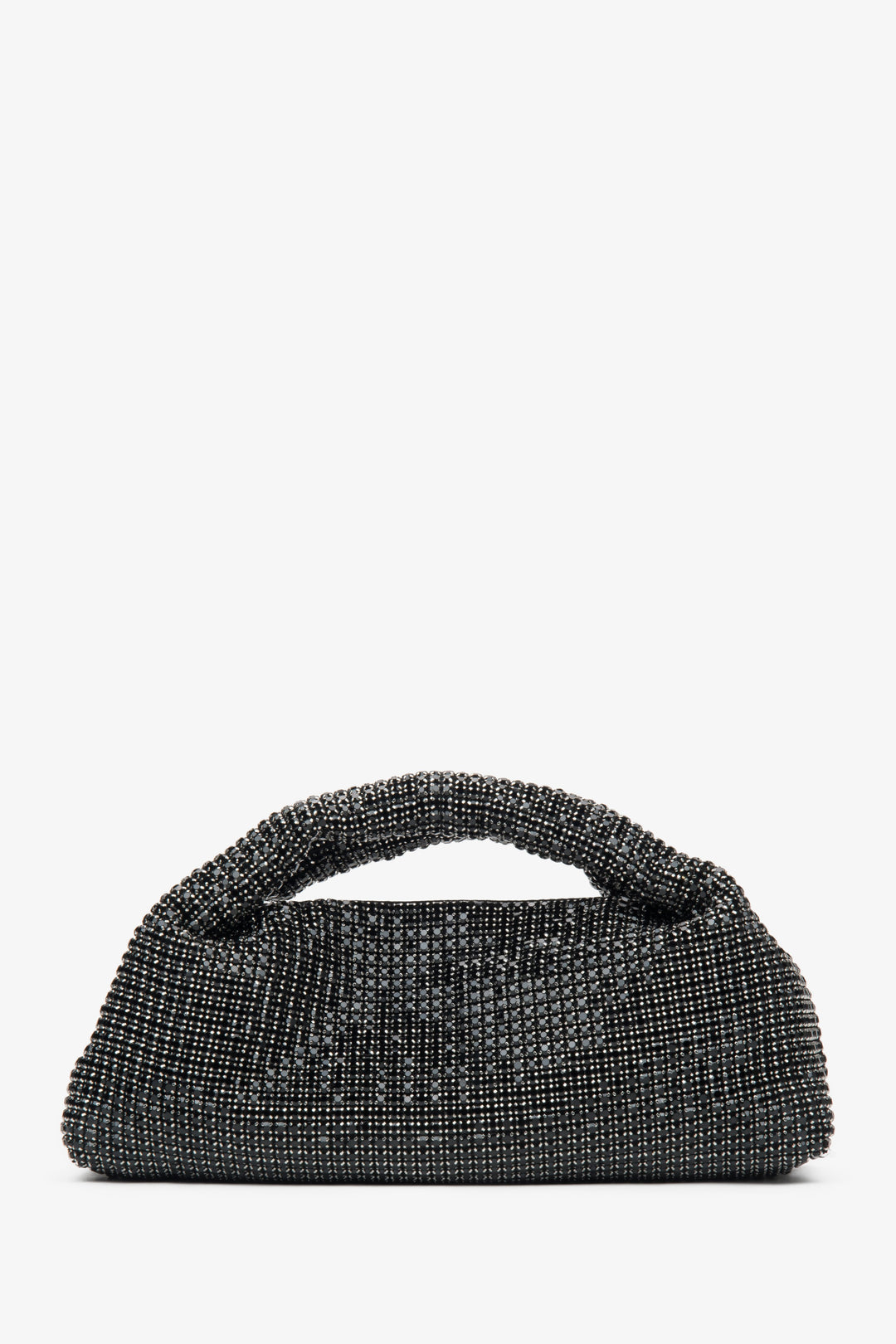 Elegant black evening women's bag, embellished with crystals and featuring a textured handle by Estro.
