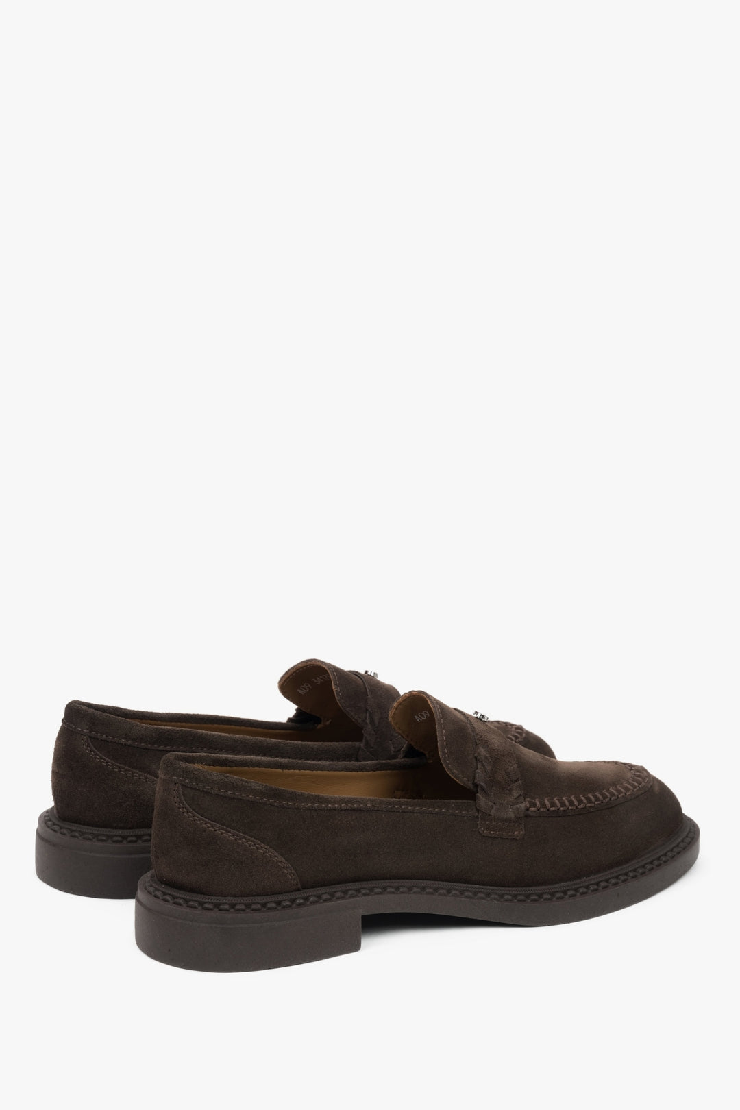 Brown velour penny loafers for women by Estro - close-up of the heel.