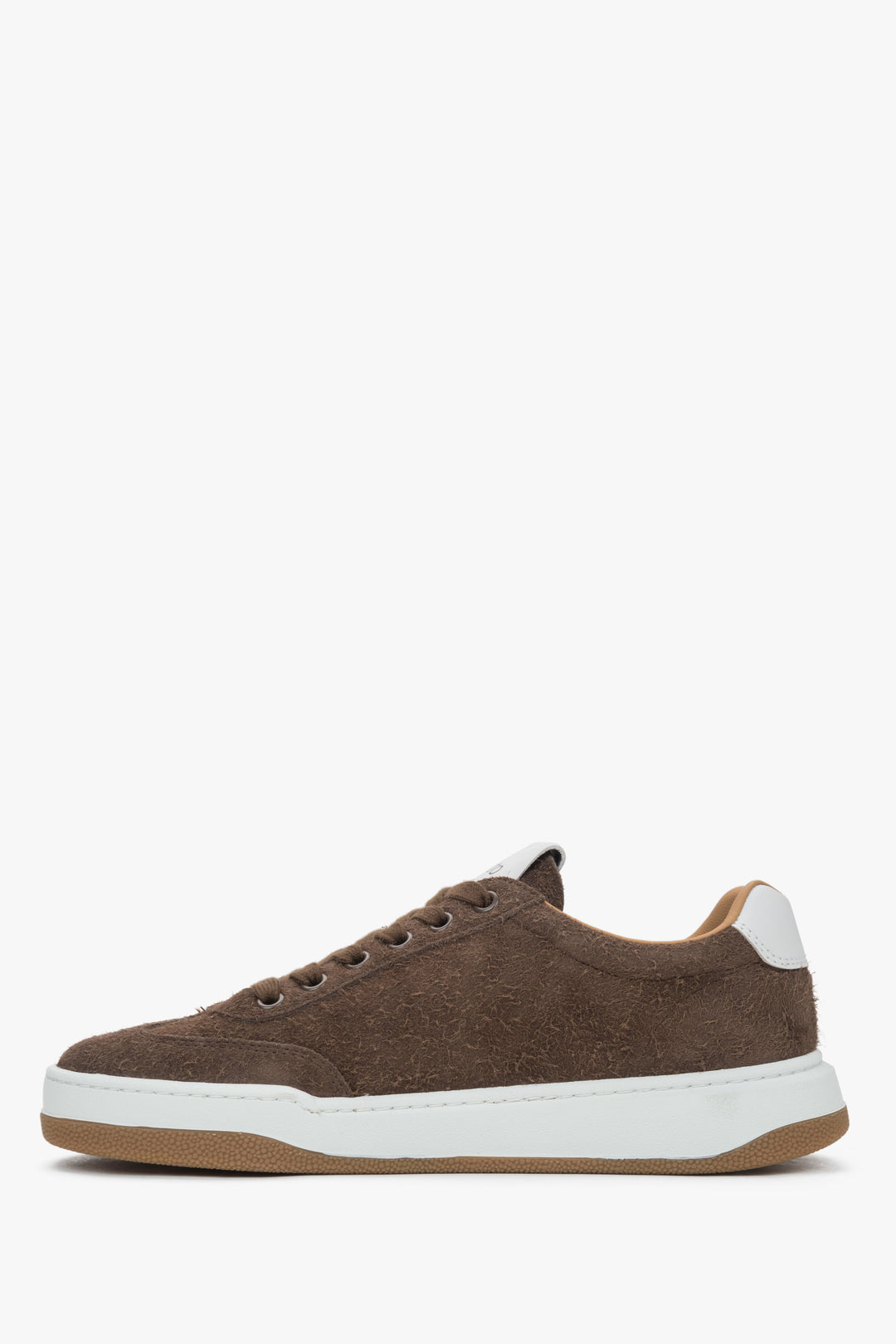 Brown velour women's sneakers made of genuine velour with a cushioned sole - side view of the shoes.