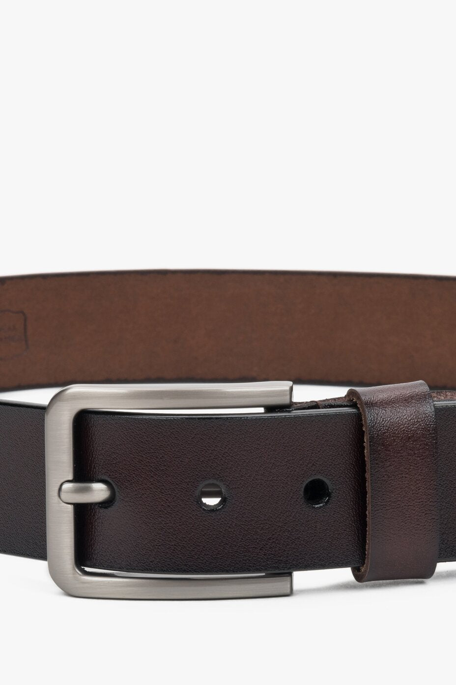 Stylish dark brown men's belt by estro, crafted from high-quality genuine leather and finished with a classic silver buckle.