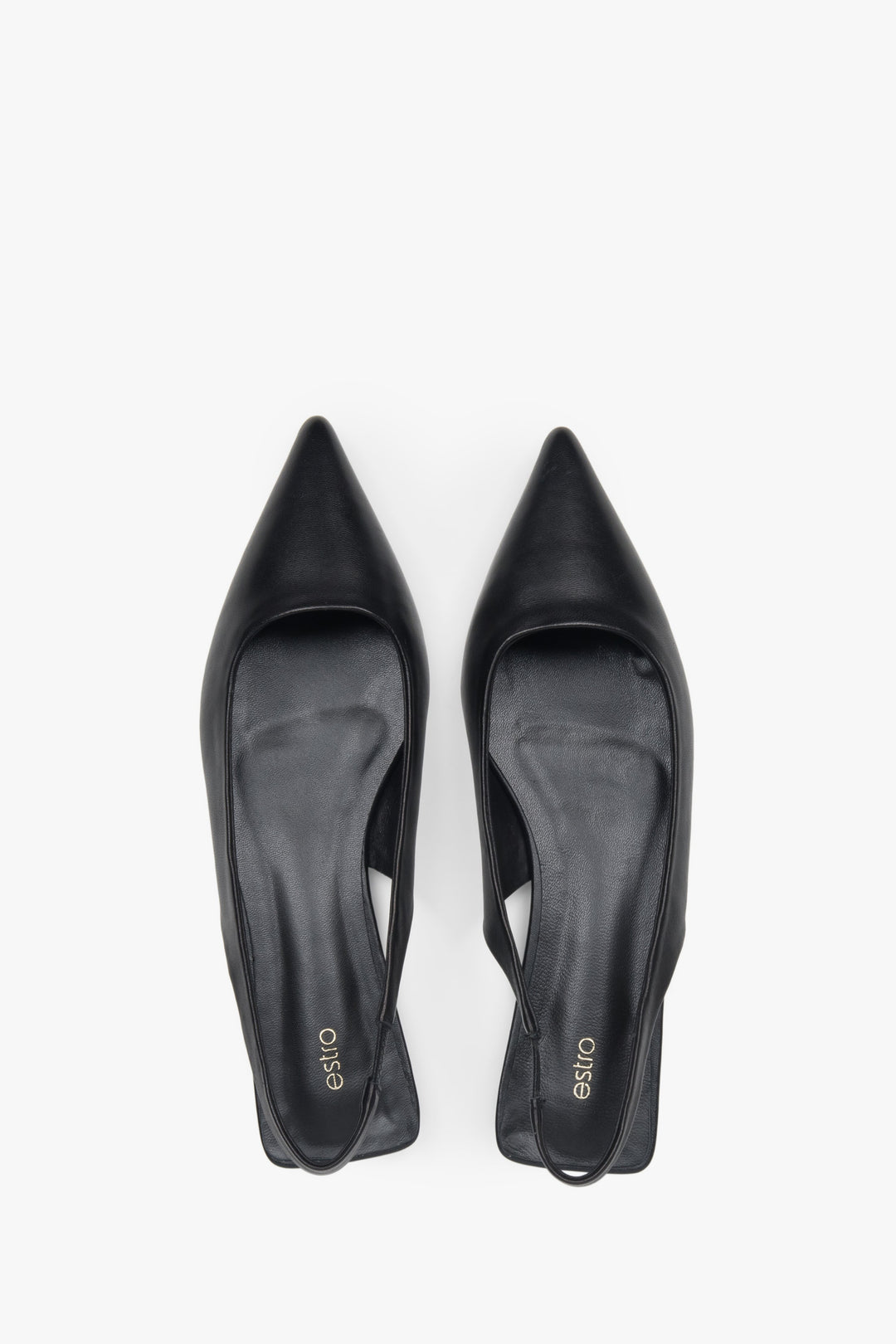 Elegant women's black slingback sandals with a pointed toe and flat heel.