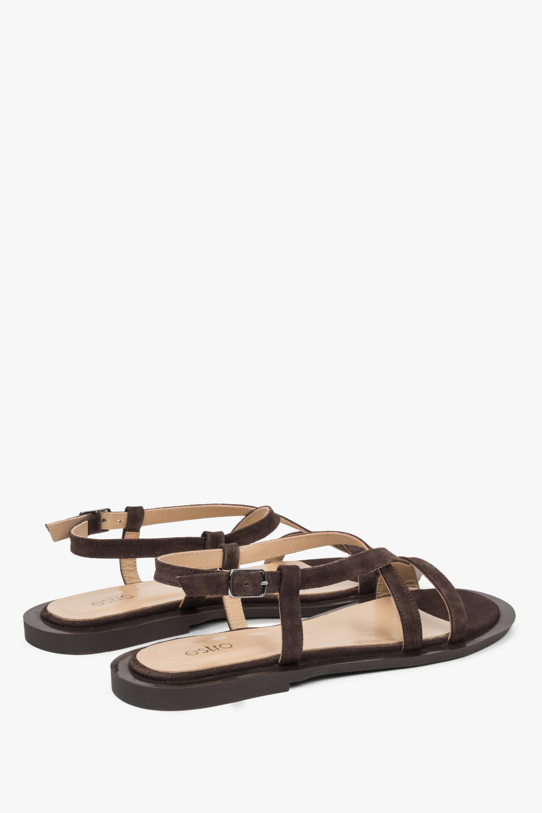 Elegant brown women's sandals by Estro, made of genuine velour and featuring a unique crisscross strap – perfect for summer outfits.