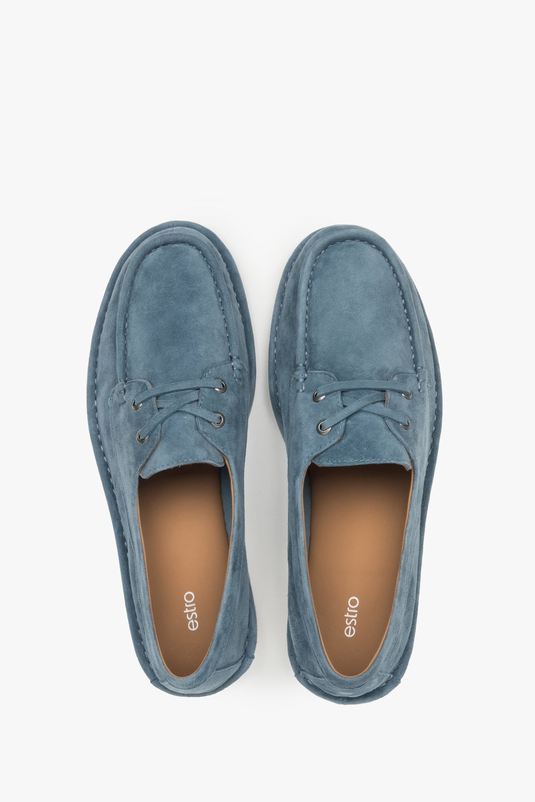 Comfortable blue Estro women's loafers made of velour, laced in a nautical style.