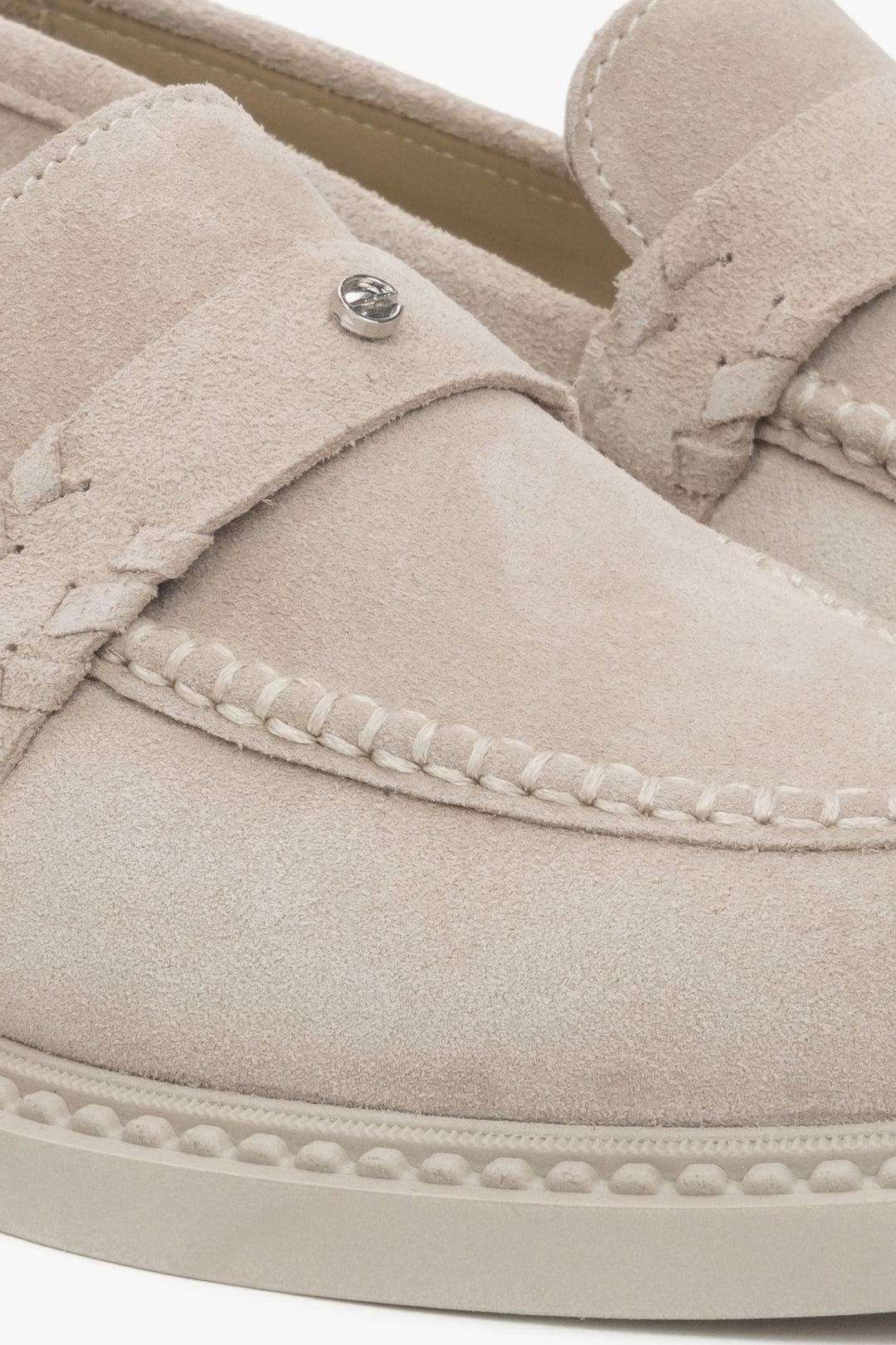 Light beige Penny loafers made of premium Italian genuine velour by Estro – details.