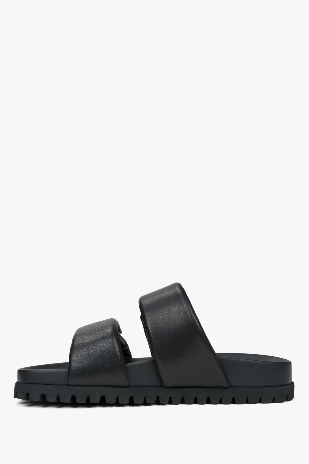 Stylish women's black slides by Estro, crafted from high-quality genuine leather and featuring soft, delicate straps.