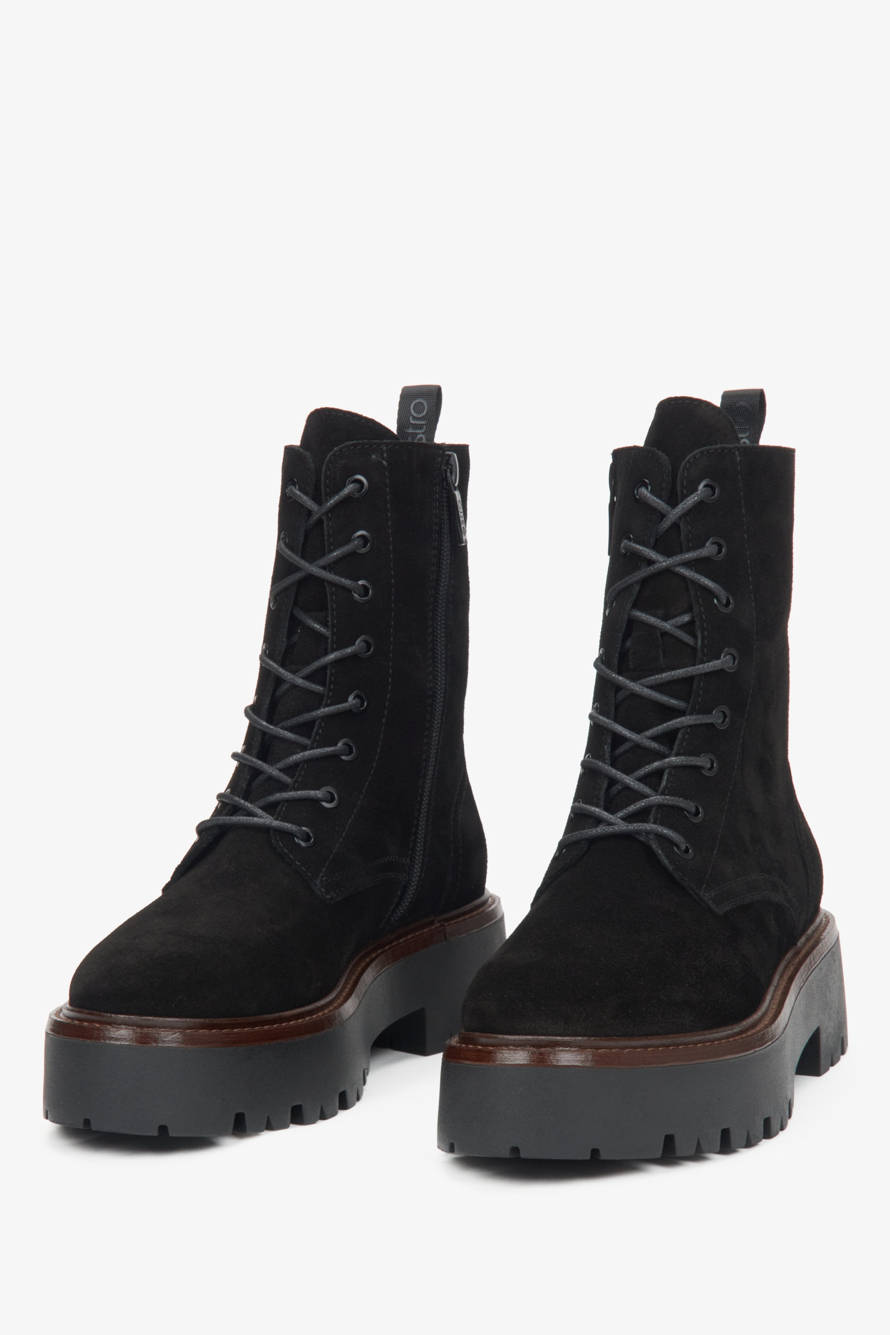 Women's black velour ankle boots by Estro - close-up of the front of the model.