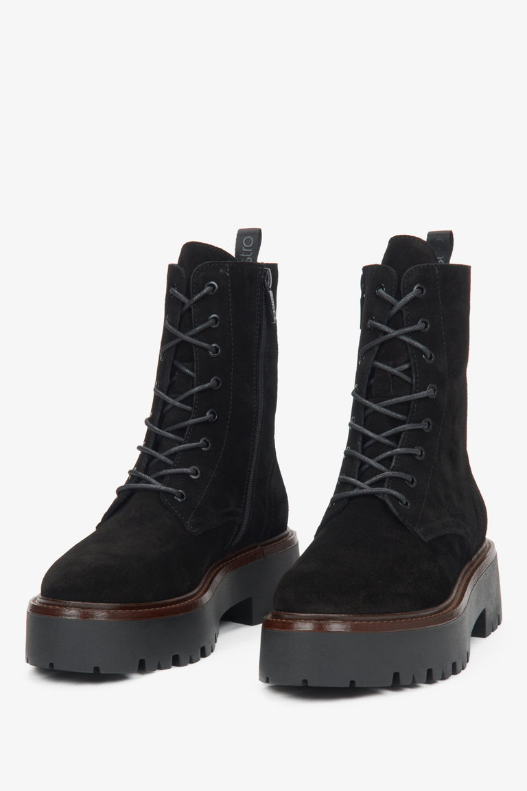 Women's black velour ankle boots by Estro - close-up of the front of the model.