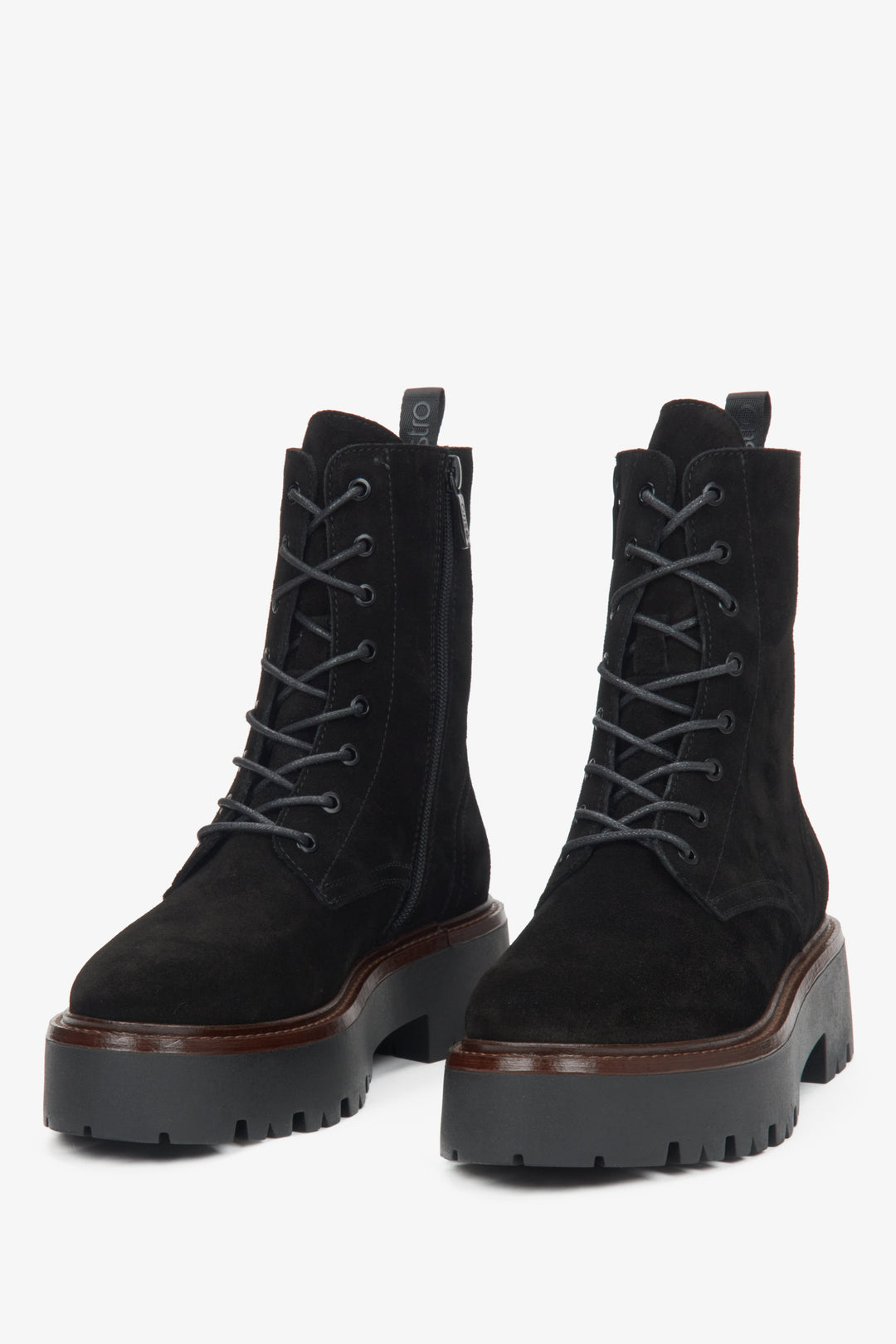 Women's black velour ankle boots by Estro - close-up of the front of the model.