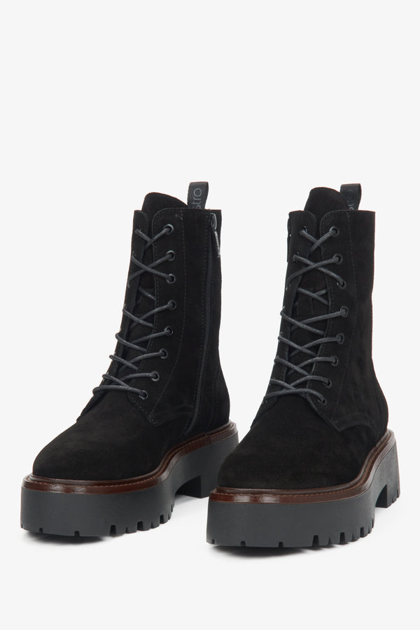 Women's black velour ankle boots by Estro - close-up of the front of the model.