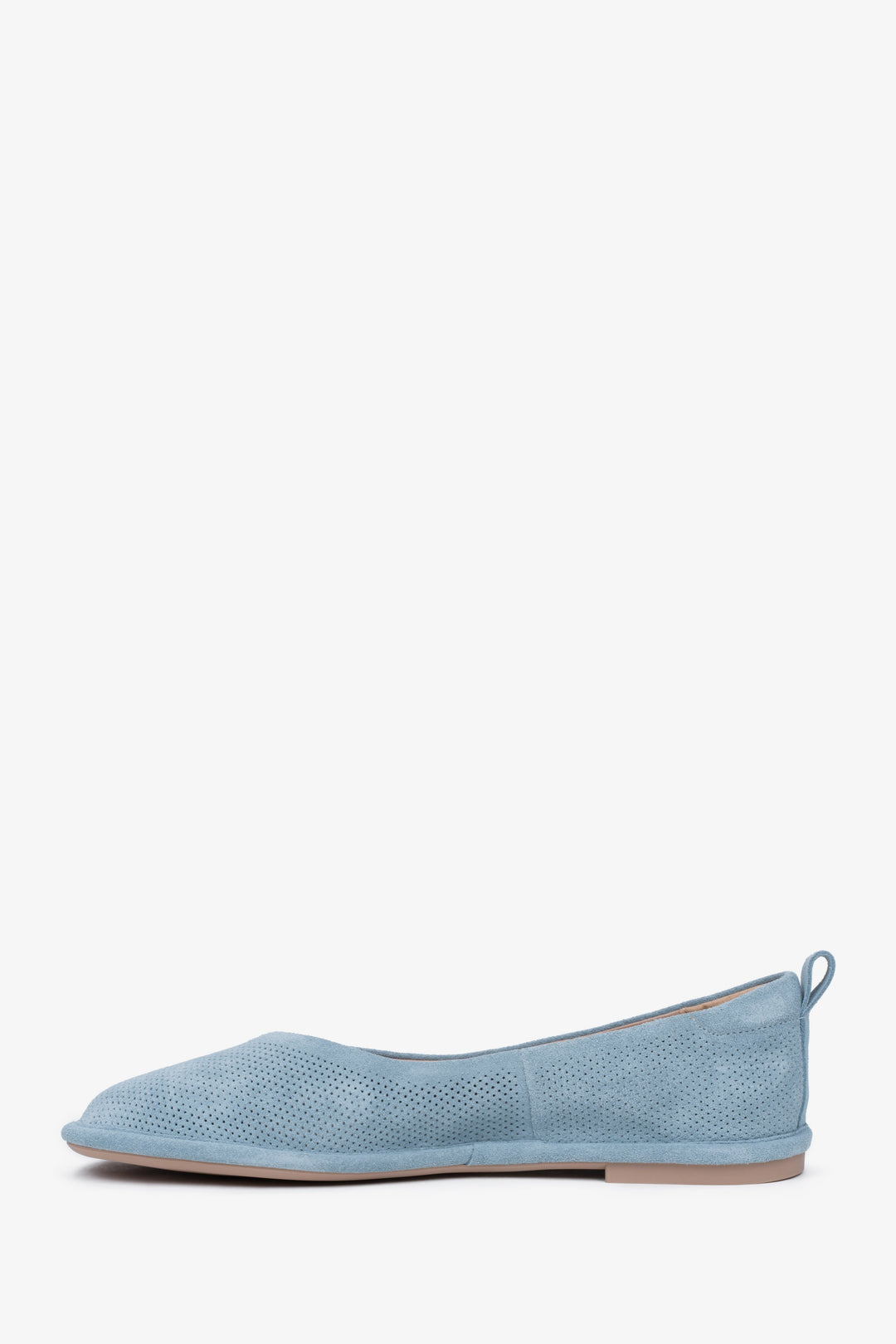Blue women's ballet flats by Estro, made of genuine perforated velour – side profile of the shoe.