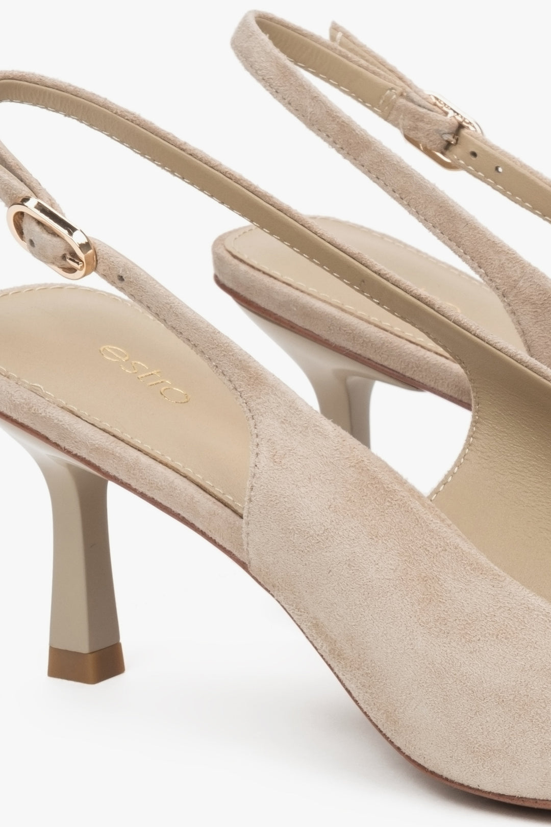 Beige velour slingback pumps with a low heel by estro – close-up on details.