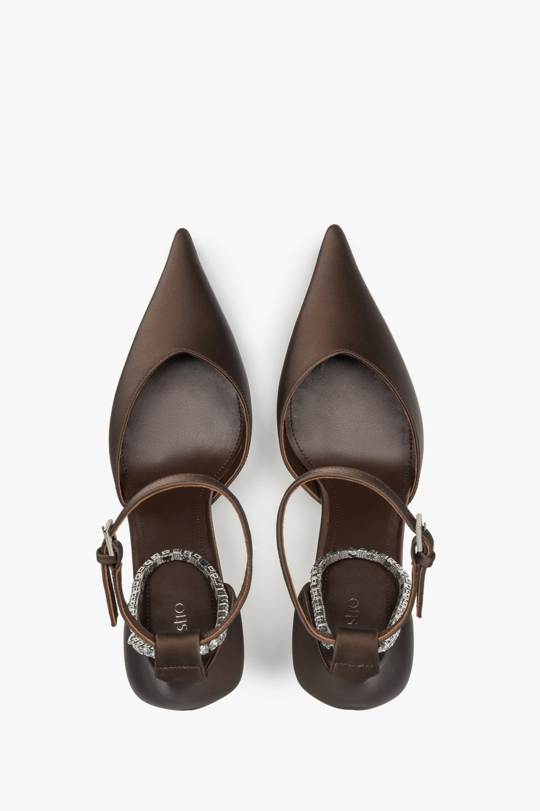 Stylish dark brown pumps with crystals and textured leather by Estro – top view presentation.