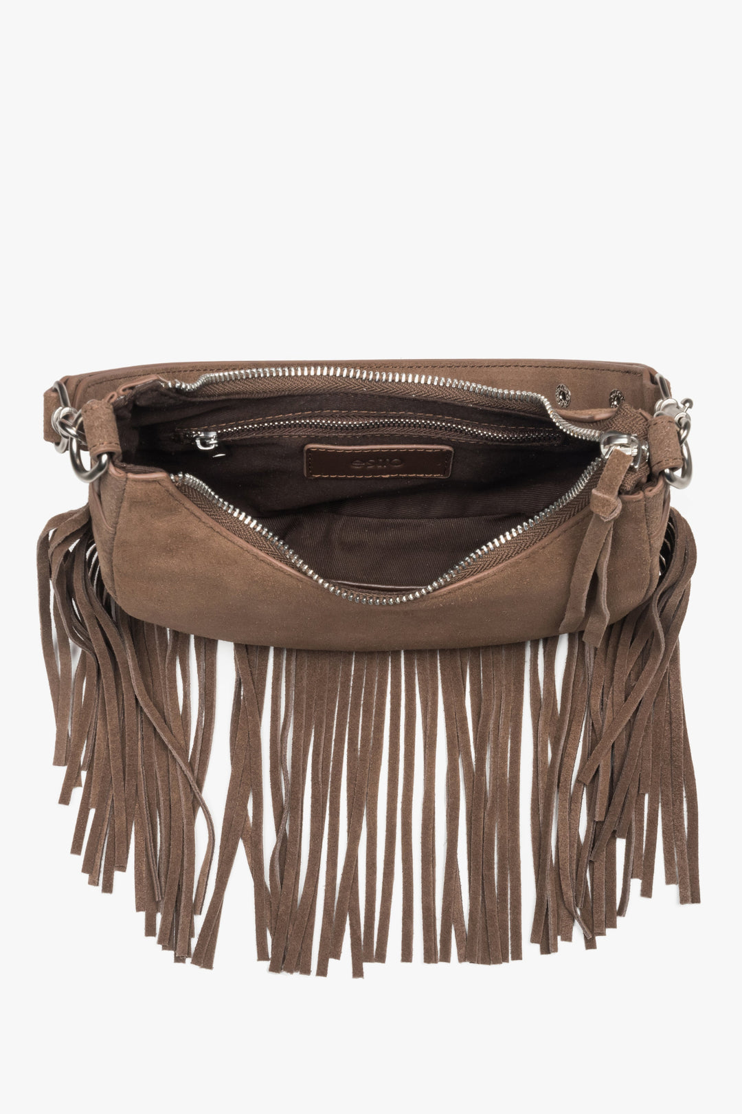 Women's shoulder bag made of genuine velour in a dark brown shade.