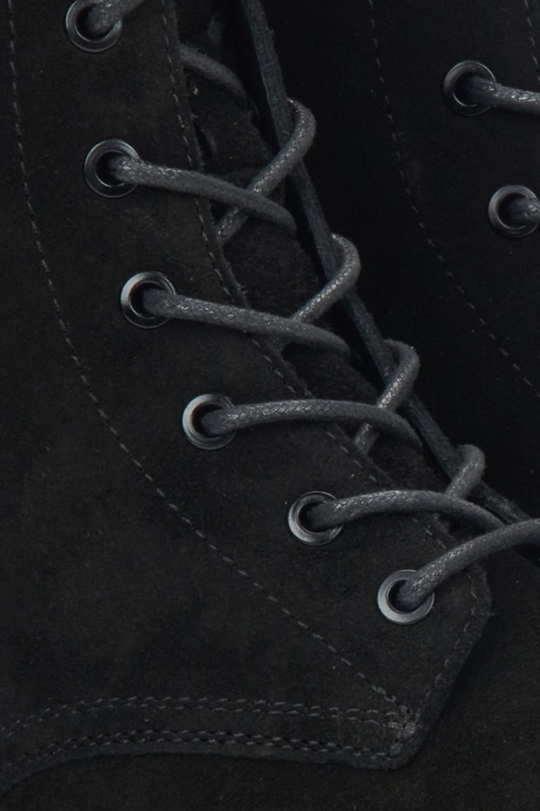 Women's black velour ankle boots by Estro - close-up of the details.
