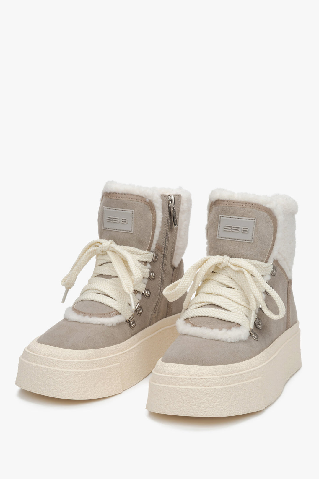 Women's winter ankle boots made of grey natural velour with natural fur lacing, ES8 – front view of the shoe.