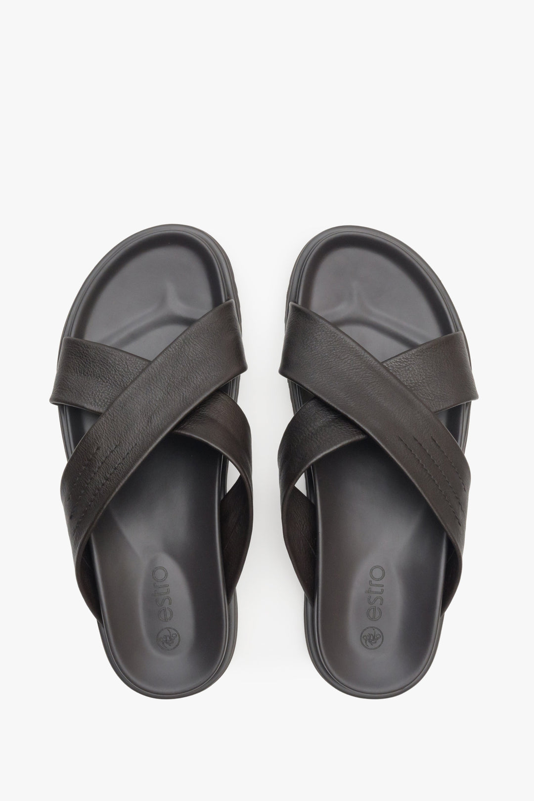 Men's dark brown leather sandals by Estro with thick cross straps - top view model presentation.