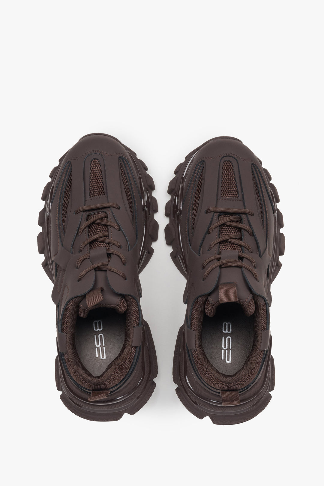 Women's dark brown sneakers ES8 with lacing for spring and autumn - top view presentation of the footwear.