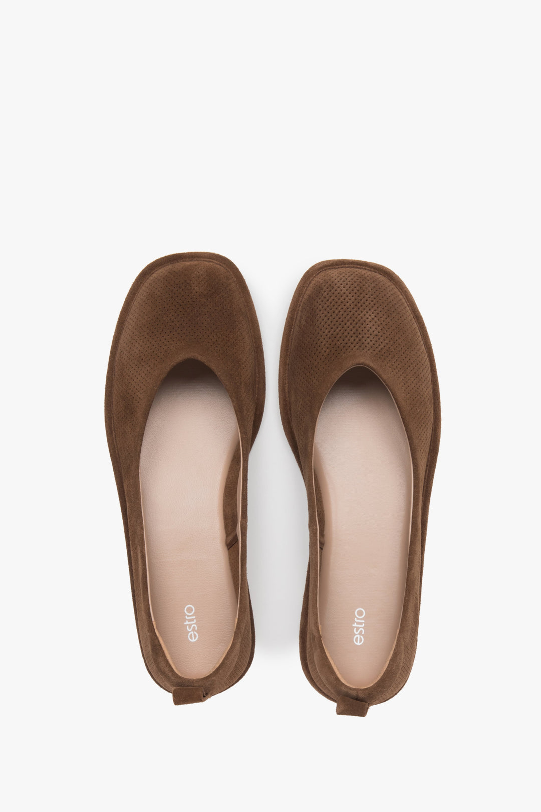 Soft women's ballet flats made of perforated genuine velour in a brown shade by Estro – top view presentation.