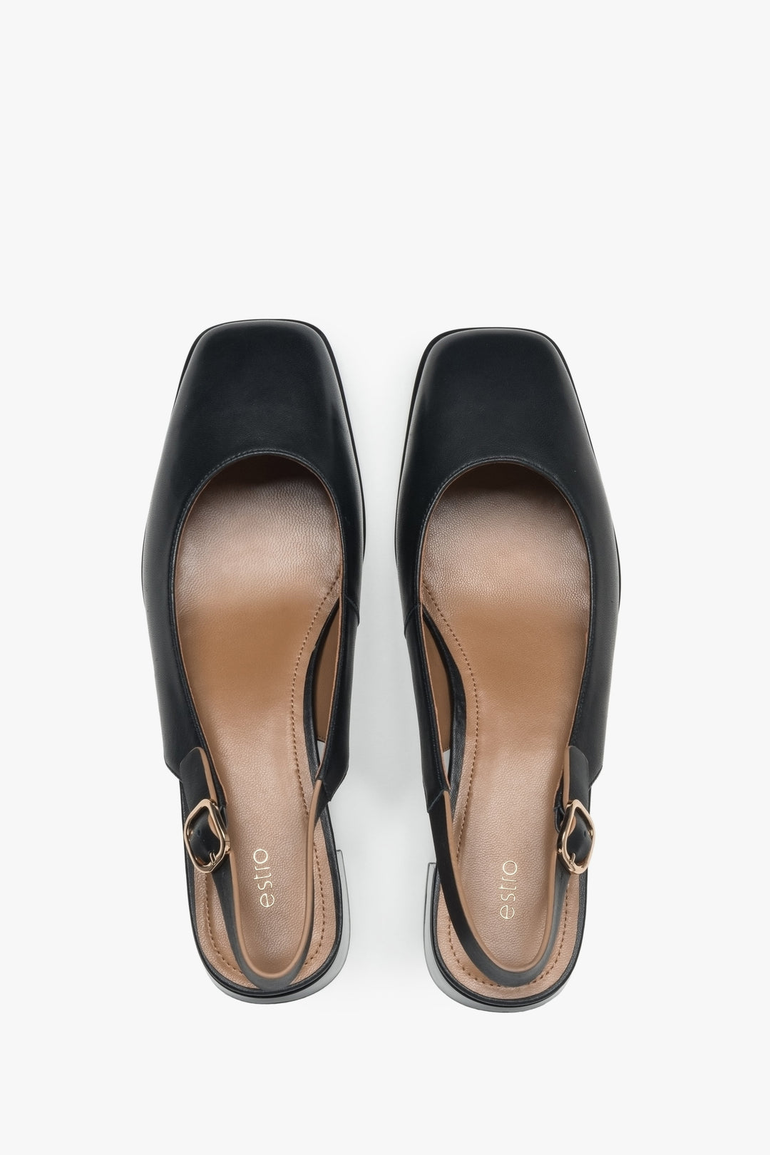 Black Estro pumps, with a slingback design, featuring a comfortable low heel.