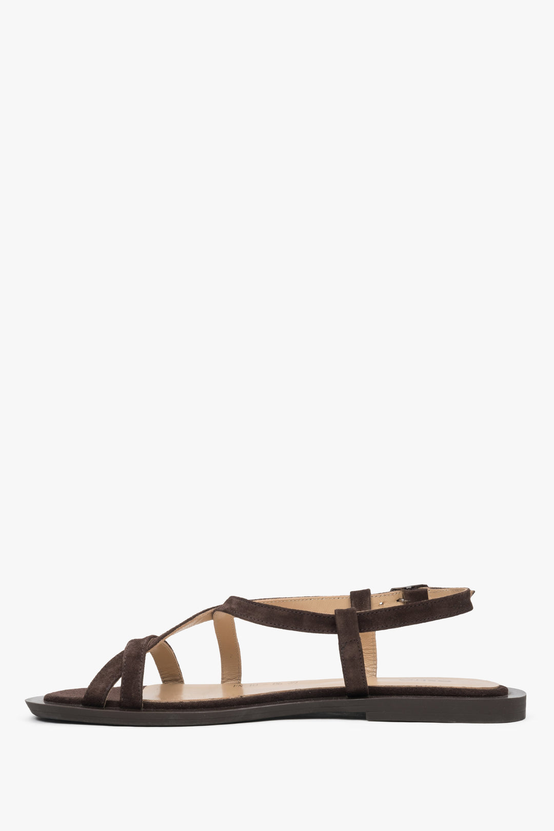 Comfortable brown women's sandals by Estro, made of soft genuine velour and featuring a crisscross strap for added stability.