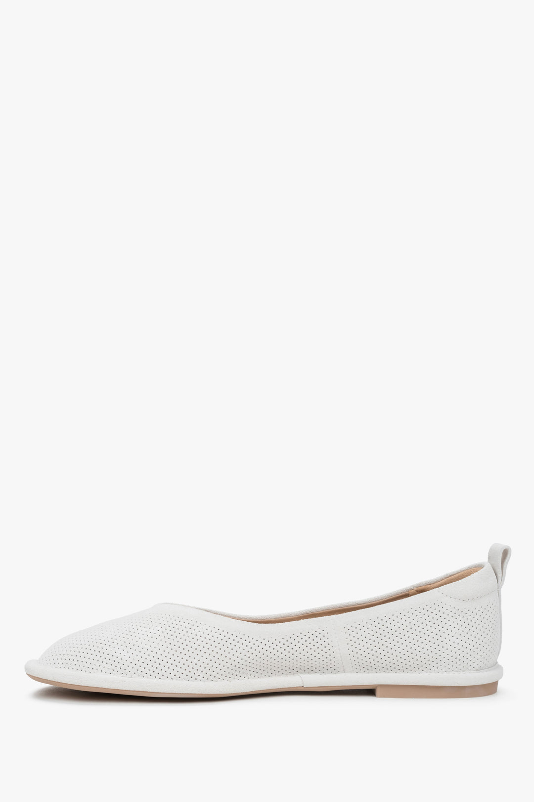 Women's white ballet flats by Estro, made of genuine perforated velour – side profile of the shoe.