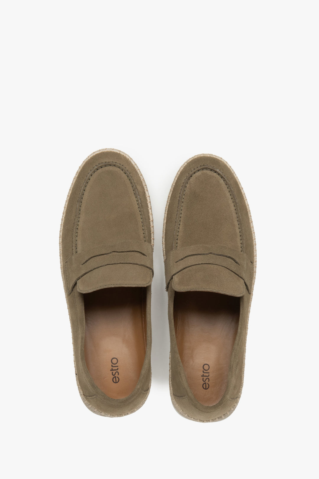 Estro khaki women's velour moccasins - top view presentation of the model.