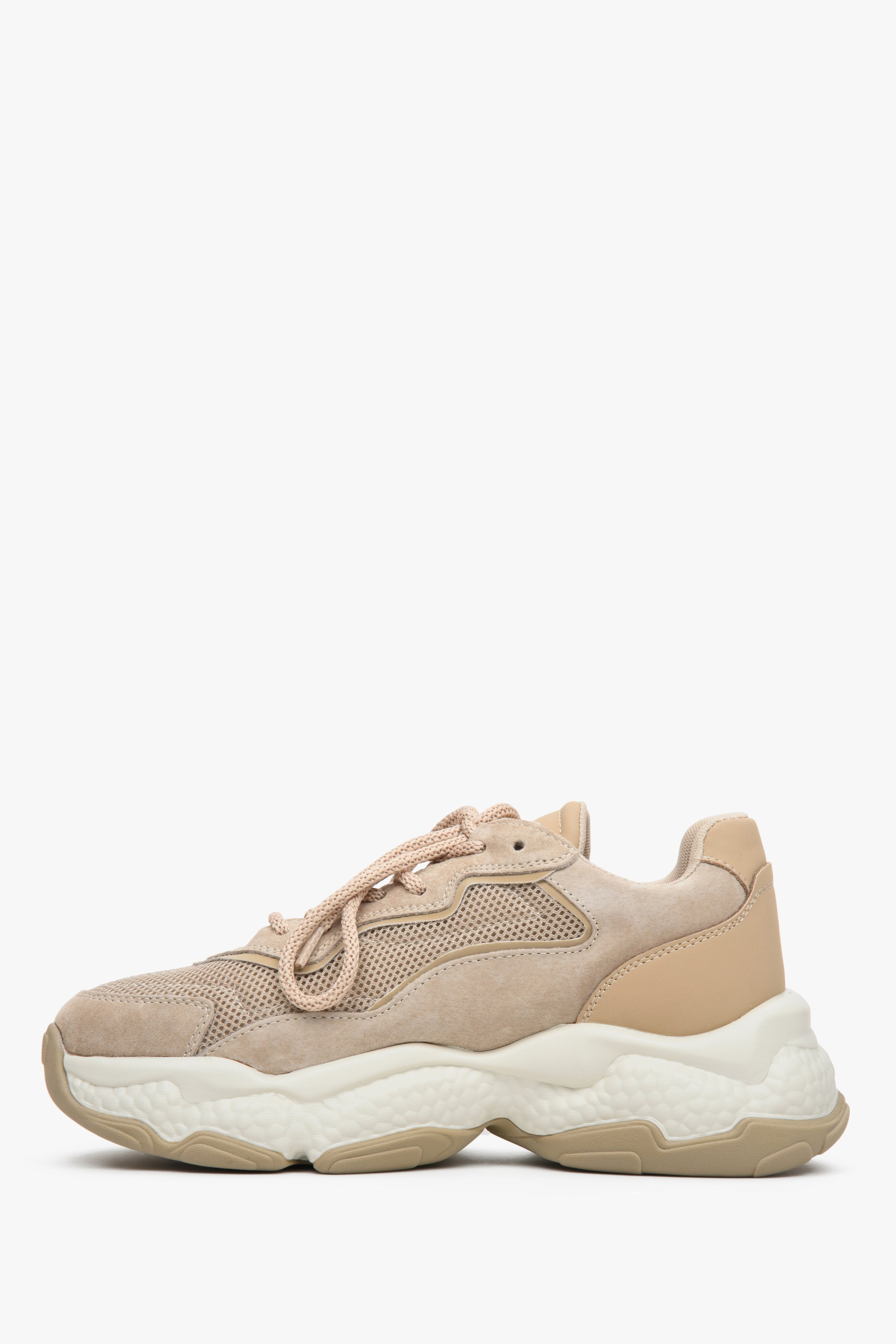 Beige suede and textile women's sneakers with lacing on a chunky sole - shoe profile.